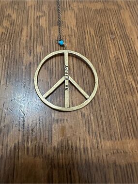 Be Hippy Peace Sign Pendant Necklace - Gold Tone with Turquoise Accent